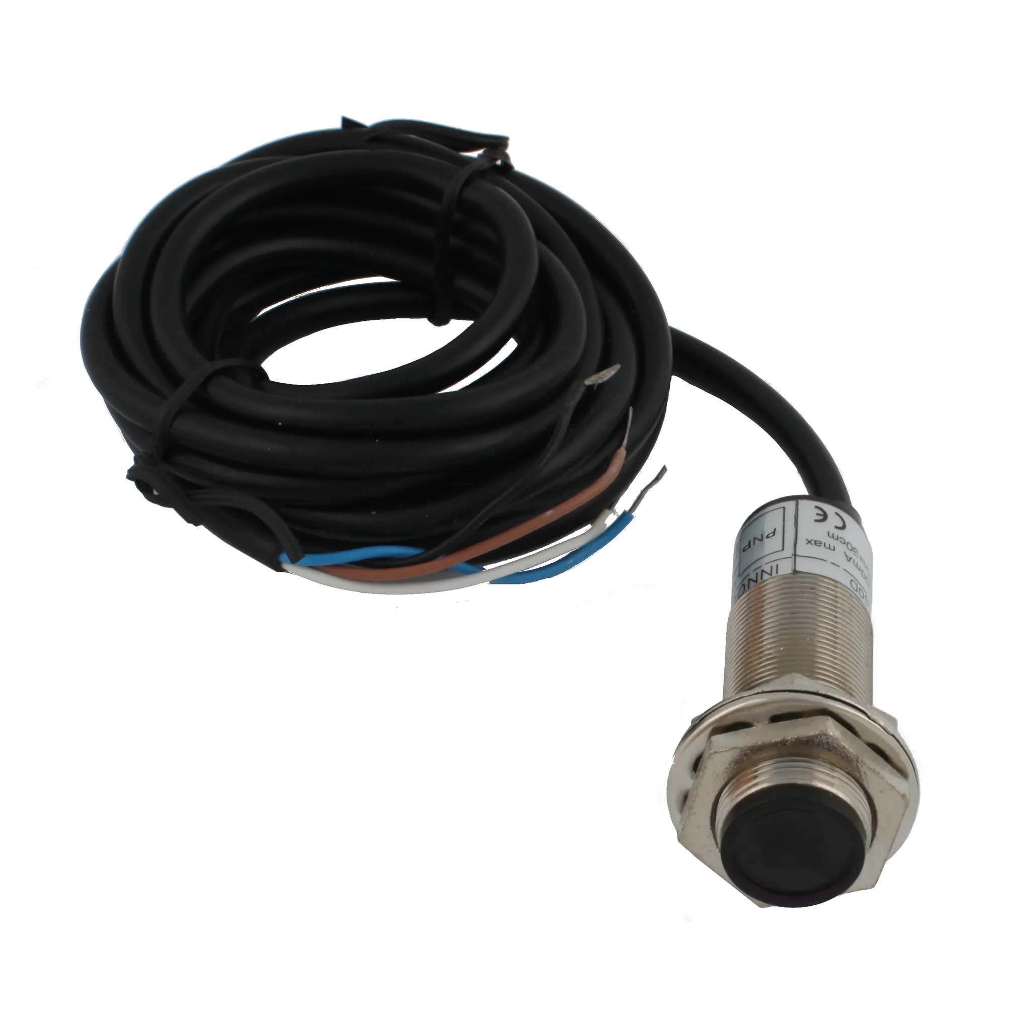 INNOCONT Фотодатчик диффузионный, М18x1, зона срабатывания до 50 см, -10 +60 С, 12…24 VDC, IP67, выход: PNP NO + NC, макс. ток 200 мА, время реакции 3 мс, кабель 2 м PES-D18-POC50D (cable)