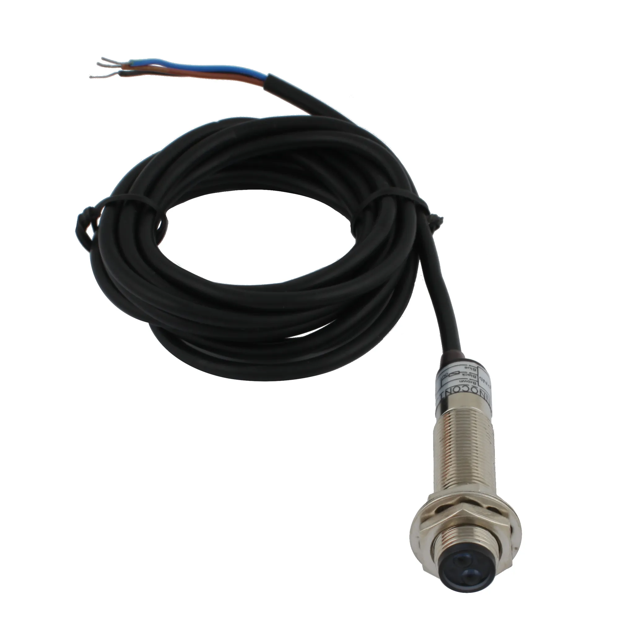 INNOCONT Фотодатчик диффузионный, М12x1, зона срабатывания до 10 см, -10 +60 С, 12…24 VDC, IP67, выход: PNP NO, макс. ток 200 мА, время реакции 3 мс, кабель 2 м PES-D12-PO10D